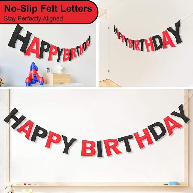 Pre-Strung Happy Birthday Banner & Felt Garland Set - Red & Black Birthday Decorations for Women Men Boys Girls | Reusable Party Supplies for Indoor & Outdoor