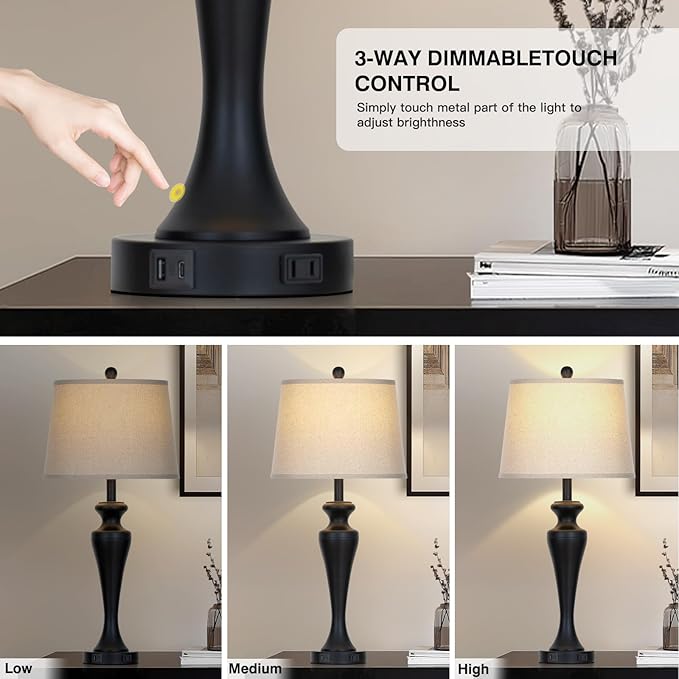 30 Inch Single Black Table Lamp for Bedroom, Modern Tall Lamp for Living Room End Table, 3-Way Dimmable Touch Nightstand Lamps, Metal Bedside Lamps with USB A+C Ports and AC Outlet, Bulb Included