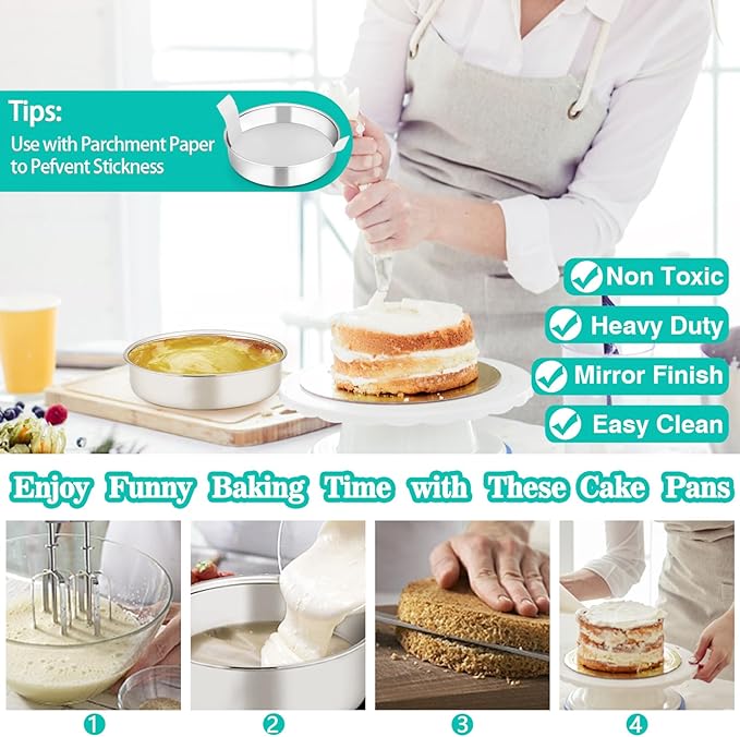 P&P CHEF Cake Pans Sets for Baking, 6" + 6" + 8" + 8" 4 Piece Stainless Steel Round Cake Pans Tin, Oven/Pot/Dishwasher Safe, Combination of Different Sizes, Leak-proof & Easy Clean
