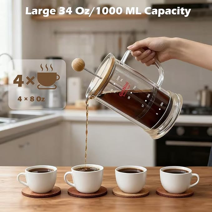 34-Ounce French Press Coffee Maker, Double Wall Borosilicate Glass Carafe with Removable Stainless Steel Filter and Shaft with Enlarged Bamboo Knob and Lid,Heat-Resistant for Coffee and Tea