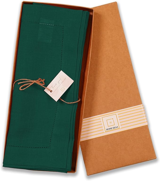 Home Ekaa 100% Pure Linen Green Table Runner 14 x 36 Inch - Small Hemstitch Table Runner - Cloth Fabric Runner for Christmas, Fall, Winter, Holiday & New Year - Elara