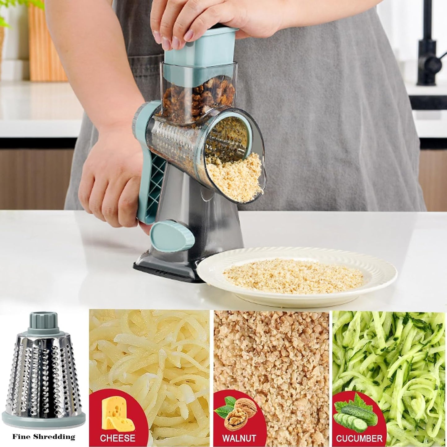 Rotary Cheese Grater Multi-Purpose Stainless Steel Cheese Shredder - Cheese Grater With Handle Effortless Grating of Carrots, Potatoes, Vegetables, and Fruits (blue)