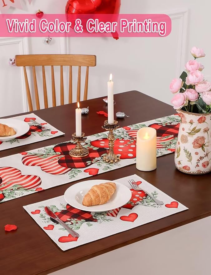 Eucalyptus Hearts Valentine's Day Table Runner 13"x72" & 4 Pcs 12"x18" Placemats Sets with 12 Heart Balloons, Love Letter Balloons, Stickers & Blowing Straw for Home Party Decor