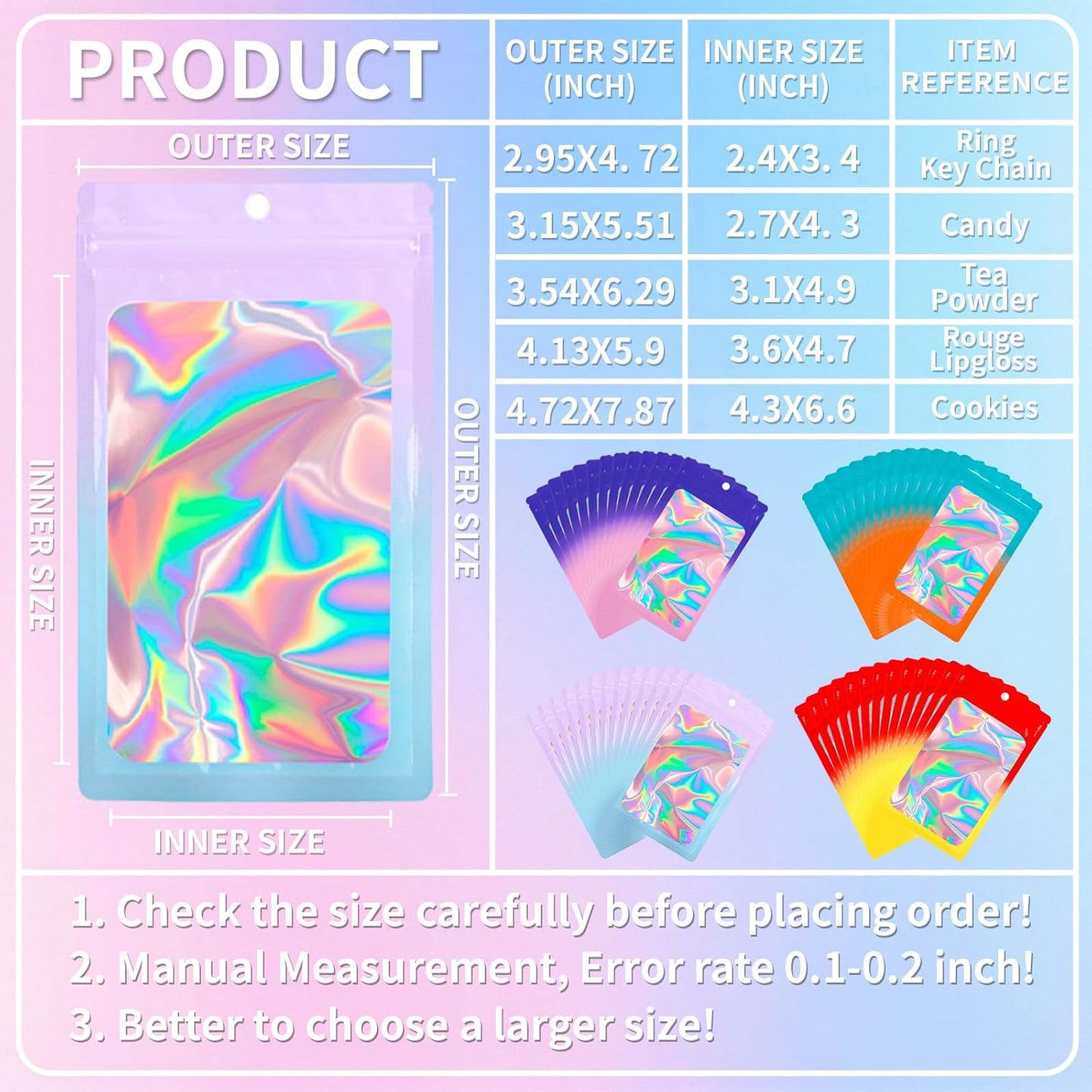 200 Pack Resealable Mylar Holographic Bags Food Storage Smell Proof Bags with Front Window Foil Packaging Pouch for Candy Sample Jewelry Small Business 4.13×5.91 Inch, Blue Fade Purple