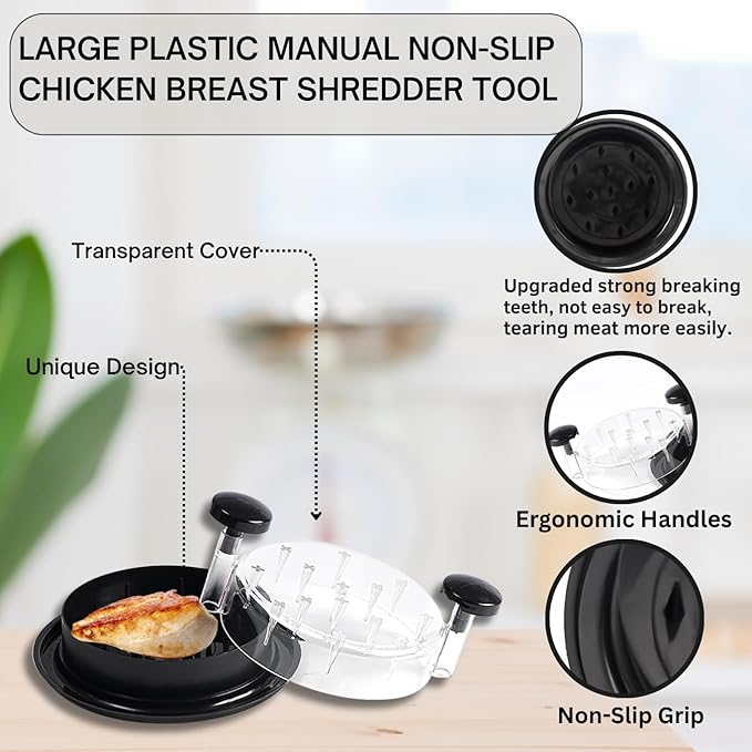 Chicken and Meat Shredder with Clear Lid, Black, 180-Degree Rotating Cover, 3 Shredding Levels, Kitchen Food Processor