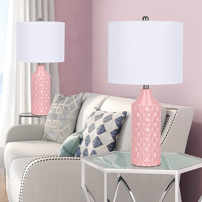 Modern Pink Ceramic Table Lamps Set of 2, 25" Nightstand Lamps with 3-Way Dimmable Bulbs for Bedroom & Living Room