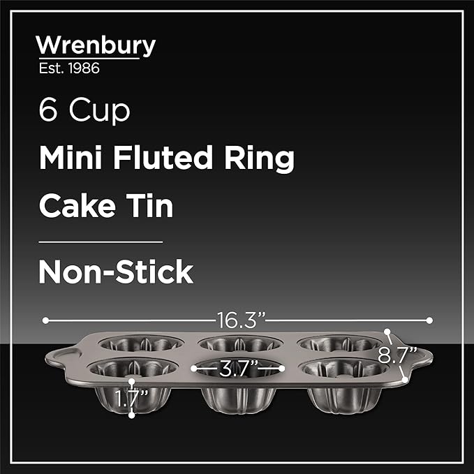 Wrenbury Set of 2 Nonstick Mini Buntz Cake Pan Non Stick for Baking - 6 Cup Bundtlette Fluted Cake Tin for Small Cakes - PFOA Free and Dishwasher Safe - 3.75” Cup Width