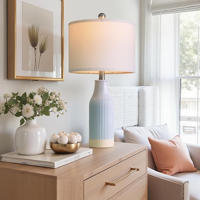 23.75inch Light Blue Modern Ceramic Bedside Lamp Set of 2 for Bedroom Decor Farmhouse Table Lamp for Living Room Office Dorm