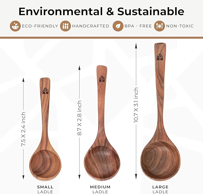 Wooden Ladle for Soup, 3 Size Teak Wood Ladle Spoon with Back Hooks for Pot & Bowl, Non-Stick Wooden Spoon Set for Cooking, Serving and Stirring