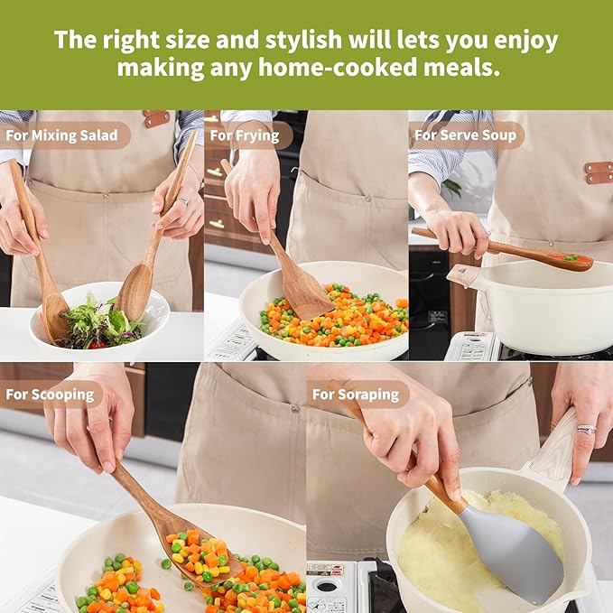 Wooden Cooking Utensils Set, Wood Spoons for Cooking, Non-Stick Kitchen Utensils Cooking Spoon Silicone Scraper Turner Spatula Shovel Slotted, Wood Utensils Set for Cooking 5 Piece Set