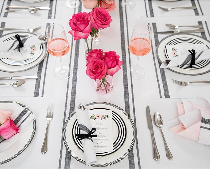 Solino Home Linen Table Runner 60 Inches - 100% Pure Linen Black and White French Stripe Table Runner 14 x 60 Inch Ideal for Dresser and Coffee Tables - Holiday