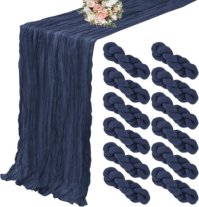 12 Pack Cheesecloth Table Runner 20 x 120 inch Cheese Cloth Table Runner Bulk,Romantic Boho Sheer Gauze Fabric Table Runners for Wedding Reception,Party,Bridal Shower Table Decor(Navy Blue)