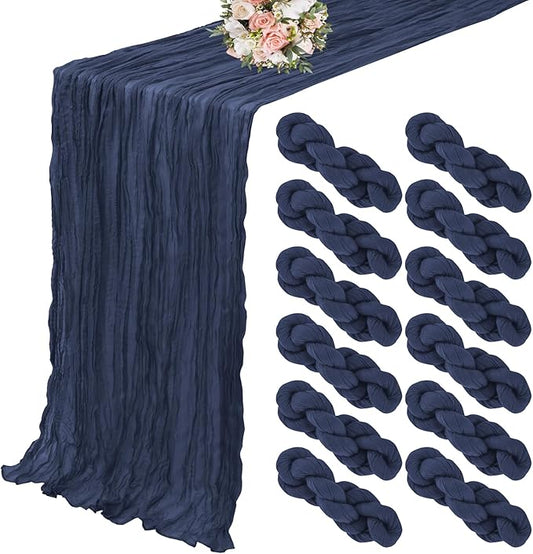 12 Pack Cheesecloth Table Runner 20 x 120 inch Cheese Cloth Table Runner Bulk,Romantic Boho Sheer Gauze Fabric Table Runners for Wedding Reception,Party,Bridal Shower Table Decor(Navy Blue)
