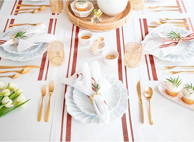 Solino Home Linen Table Runner 90 Inches Long - French Stripe, 100% Pure Linen Red and White Farmhouse Table Runner 16 x 90 Inch Ideal for Dining, Christmas, New Year