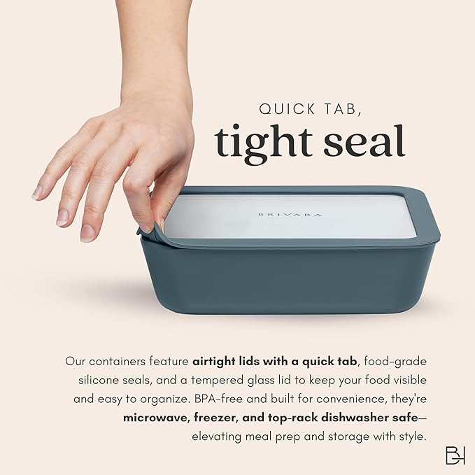 Ceramic Coated Glass Food Storage Container | No PTFE, PFOA, PFAS, and BPA | Reusable Non Toxic Meal Prep Container with Glass Lid | Easy To Store | 5 Cup Square [Dusk]