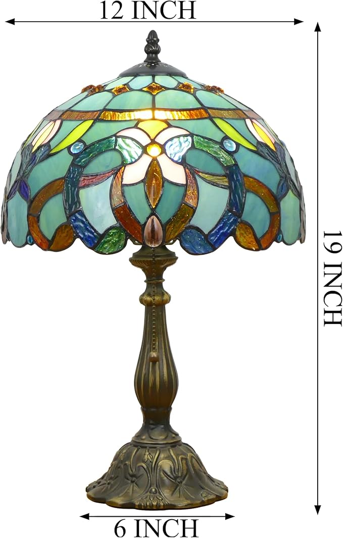 Tiffany Lamp Stained Glass Table Lamp Antique Bedside Reading Light W12H19 Inches (Sea Blue Baroque)