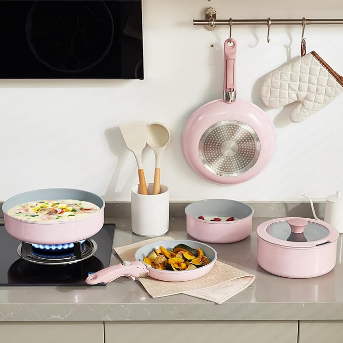 Pink Non Stick Pot and Pan Sets with Removable Handle, Ceramic Cookware Set Detachable Handle, Induction Kitchen Camping Stackable Pots Pans, Dishwasher/Oven Safe, PTFE/PFOA/PFOS Free