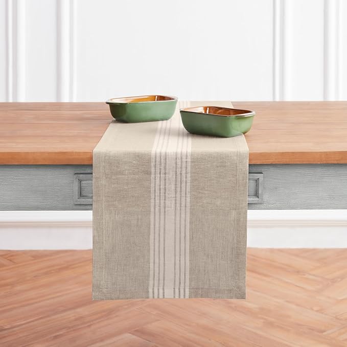 Solino Home Linen Table Runner 72 Inches Long - 100% Pure Linen White and Natural Farmhouse Table Runner 14 x 72 Inch for Dining, Dresser, Christmas, New Year