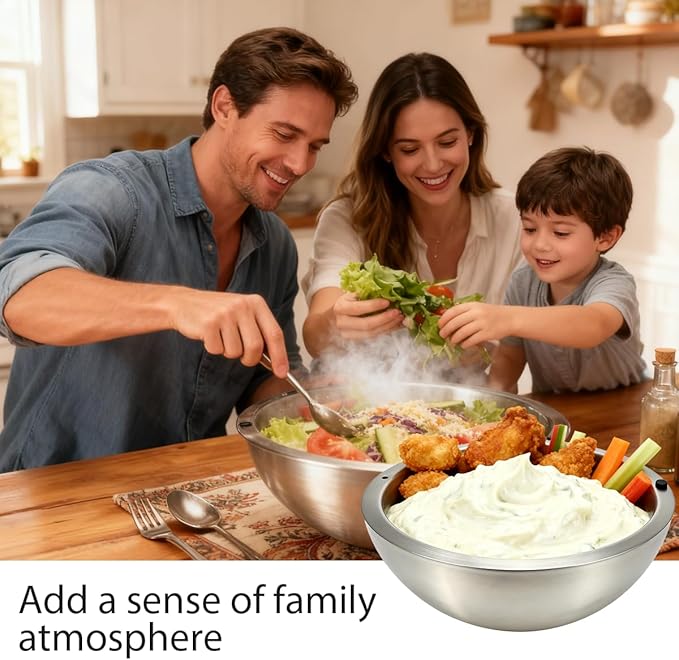 Dip Chiller Bowl Large 70oz Capacity Stainless Steel Double Walled Insulated Ice Serving Bowl Insulated Dip ice bowl Parties Salsa Condiments Salad & Food Hot or Cold Sauces Guacamole