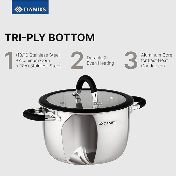 Daniks Orlando 10-Piece Stainless Steel Cookware Set with Glass Lids, Includes Saucepan, Tri-Ply Bases for Even Heating, Induction Compatible, Dishwasher Safe, Heatproof Handles