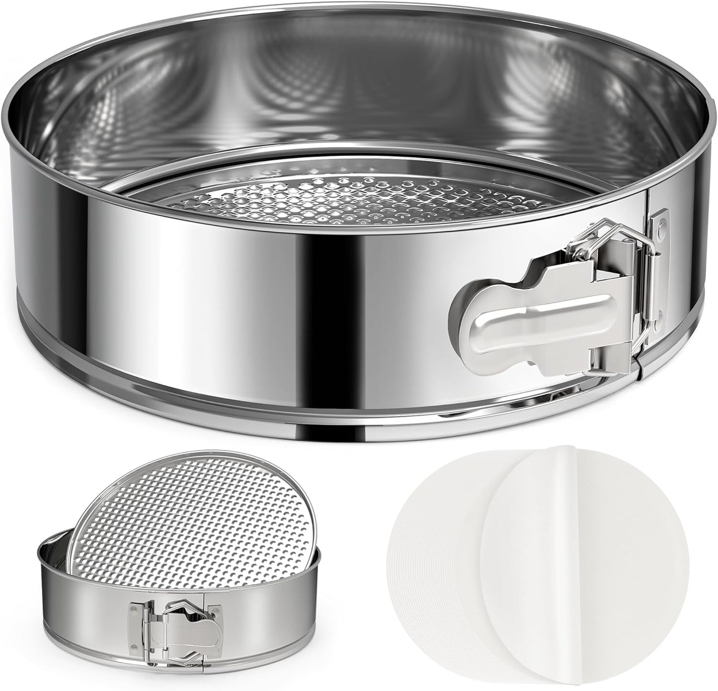 7 Inch 304 Stainless Steel Springform Pan with Removable Bottom, Nonstick Round Spring Form Cheesecake Pan with 30 Pcs Parchment Paper Liners
