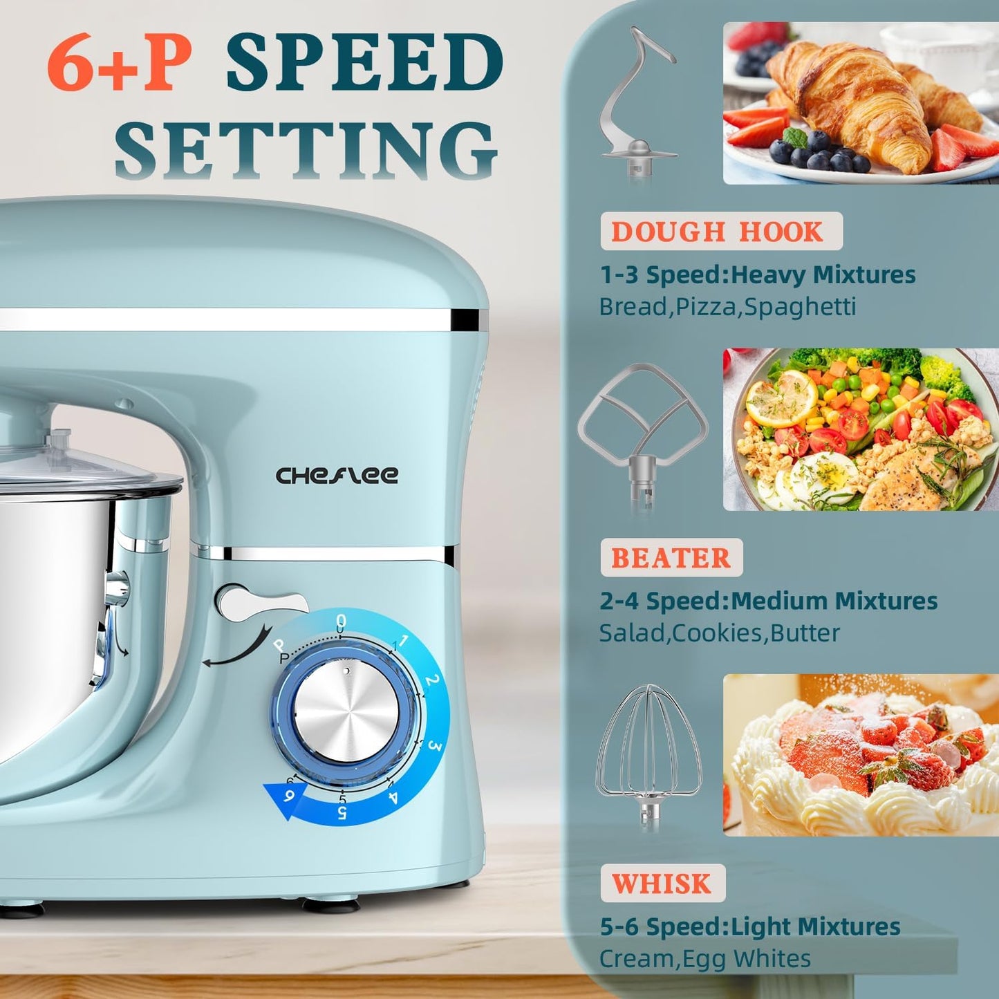 CHeflee Stand Mixer,660W 6+P With 6.5QT Stainless Steel Bowl,Dough Hook, Wire Whip & Beater,for Most Home Cooks,Blue