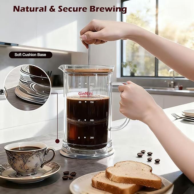 34-Ounce French Press Coffee Maker, Double Wall Borosilicate Glass Carafe with Removable Stainless Steel Filter and Shaft with Enlarged Bamboo Knob and Lid,Heat-Resistant for Coffee and Tea