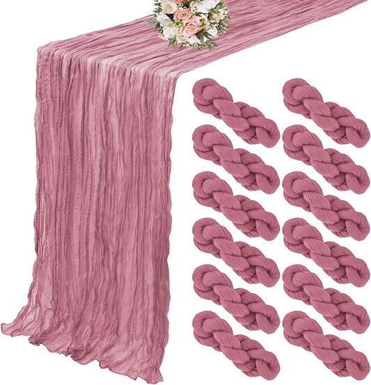 12 Pack Cheesecloth Table Runner 35 x 120 inch Long Boho Cheese Cloth Gauze Table Runners Semi Sheer Table Runner for Wedding Decor, Bridal Shower, Birthday Party (Dusty Rose)