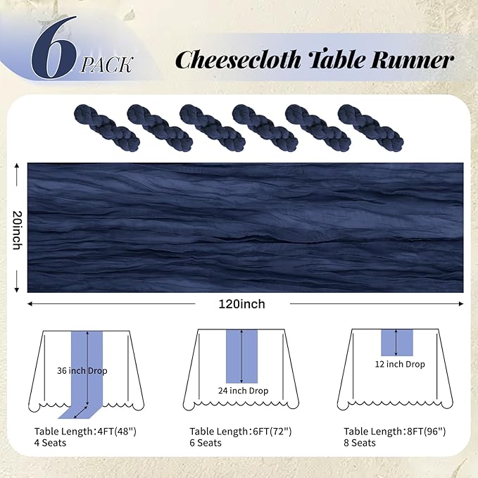 Aktor 6 Pack Navy Blue Cheesecloth Table Runner 10Ft Gauze Table Runner Boho Semi Sheer Cheese Cloth Fabric Runners for Wedding Birthday Baby Shower Party Table Decoration（Navy Blue）
