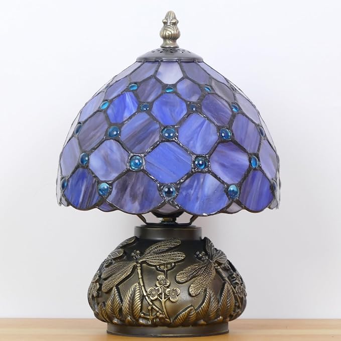 Small Tiffany Lamp Mini Stained Glass Table Lamp Purple Pearl Style Mushroom Accent Lamp 8X11 Inch