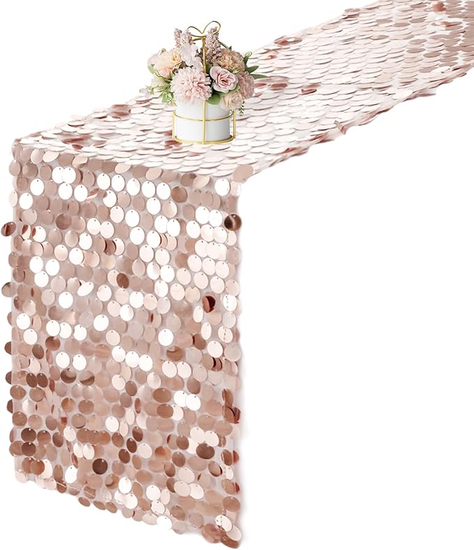 12 x 108 Inch Rose Gold Sequin Table Runner Glitter Rectangle Big Sequin Table Runner for Wedding Party Birthday Christmas Halloween Decoration (1 Pack)