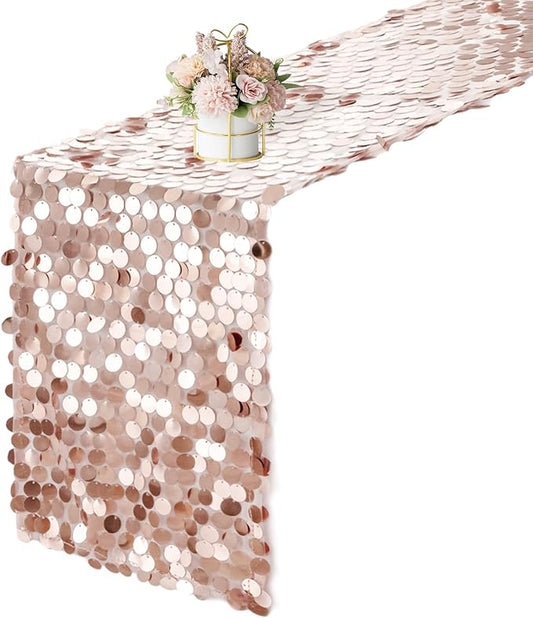 12 x 108 Inch Rose Gold Sequin Table Runner Glitter Rectangle Big Sequin Table Runner for Wedding Party Birthday Christmas Halloween Decoration (1 Pack)