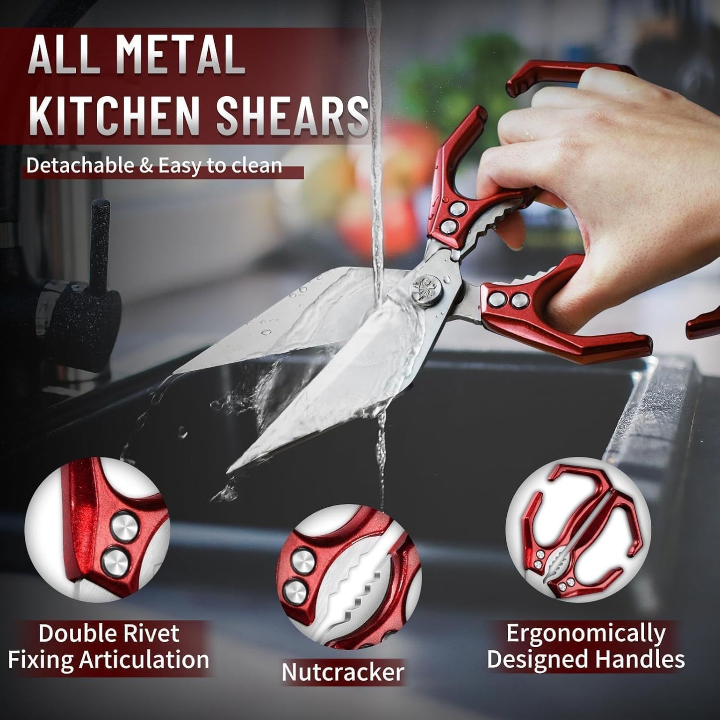 Dream Reach Poultry Shears - Heavy Duty Kitchen Scissors for Food with Ergonomic Handle, Japanese High-Carbon Steel Culinary Shears for Chicken, Meat, Seafood, Bone Cutting, Gift Box Included (Red)