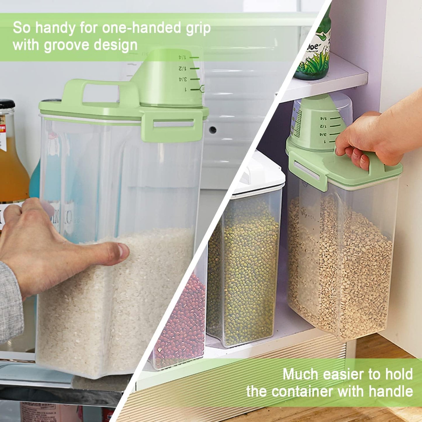 TBMax Rice Container Cereal Storage Container 2 Pack 5 Lbs, Plastic Kitchen Pantry Food Storage Container with Cup, Small Pet Dog Cat Food Dispenser -Green