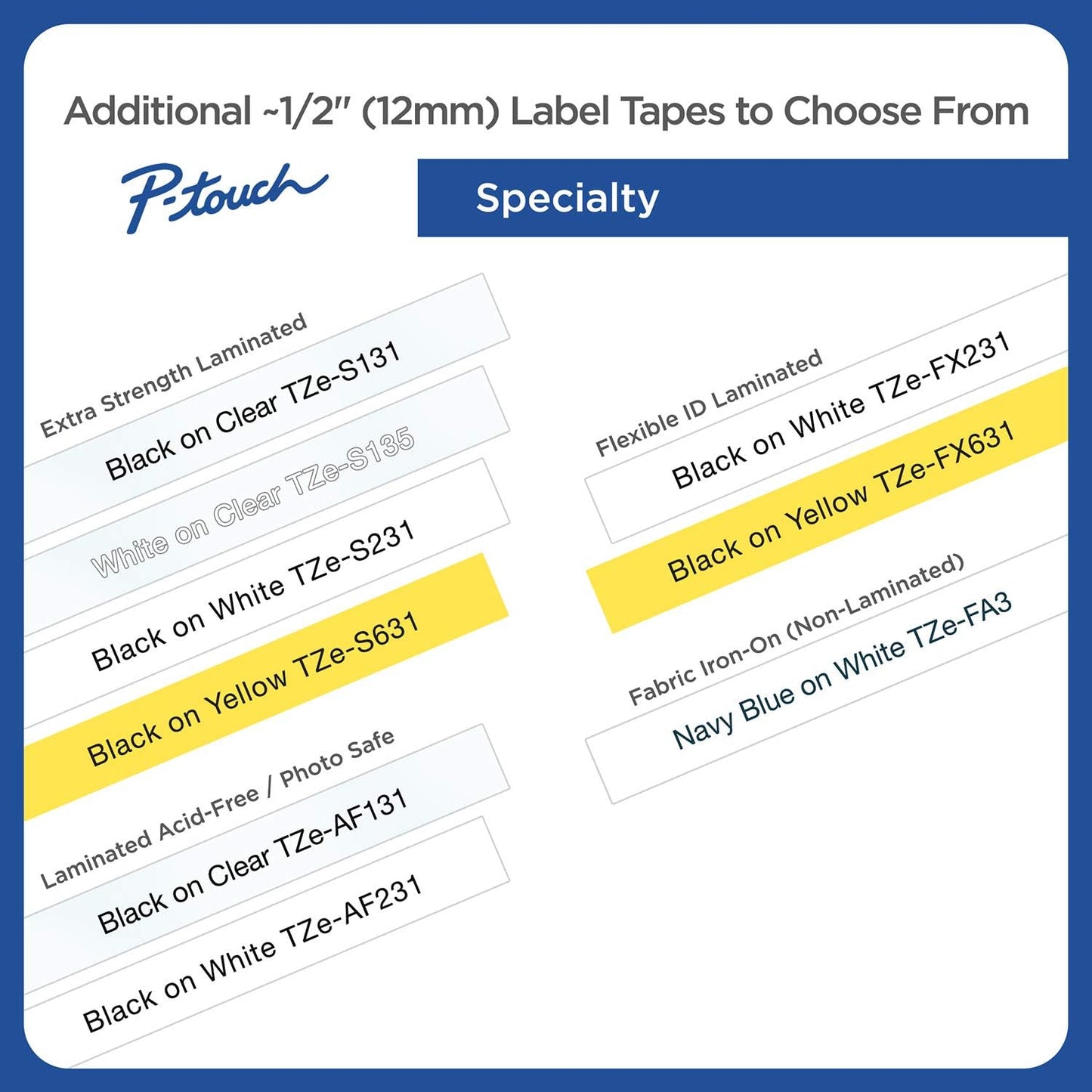 Brother Genuine P-touch TZE-FA3 Tape, 1/2" (0.47") Wide Fabric Iron-On Tape, Navy Blue on White, Can be Ironed onto Virtually Any Cotton Item, 0.47" x 9.8' (12mm x 3M), Single-Pack, TZEFA3