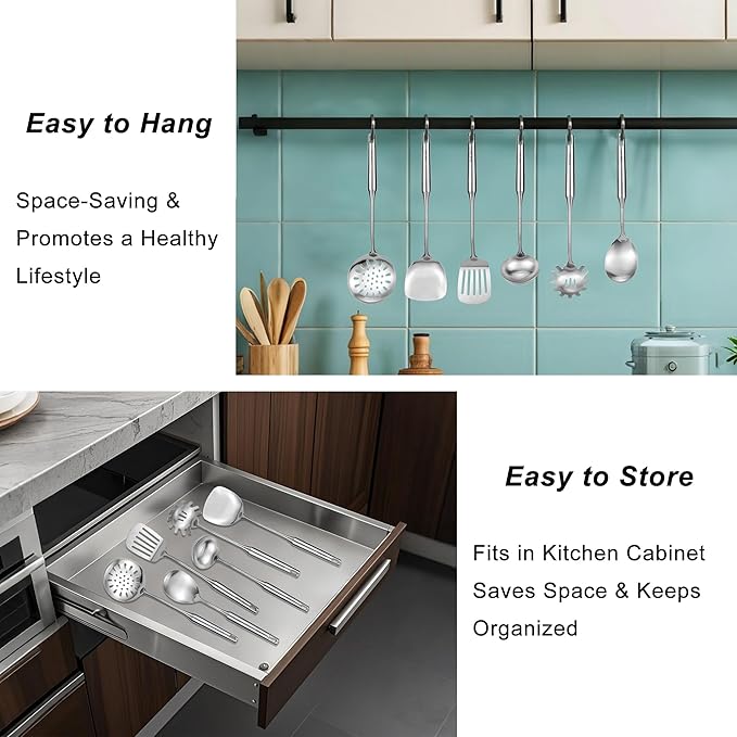 304 18/10 Stainless Steel Kitchen Utensils Set 11 Pcs Long Cooking Utensil, Spatula, Soup spoon, Leaking shovel, Ladle, Tunner, Pasta Server, Meat Fork, Tongs Kitchen Tools Set