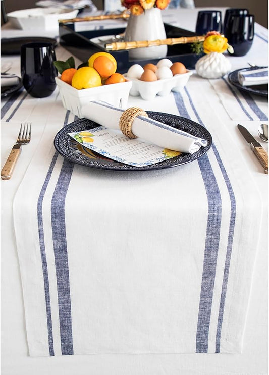 Solino Home Striped Linen Table Runner 36 Inches - 100% Pure Linen Navy and White French Stripe Small Table Runner 14 x 36 Inch Ideal for Dresser and Coffee Tables - Holiday