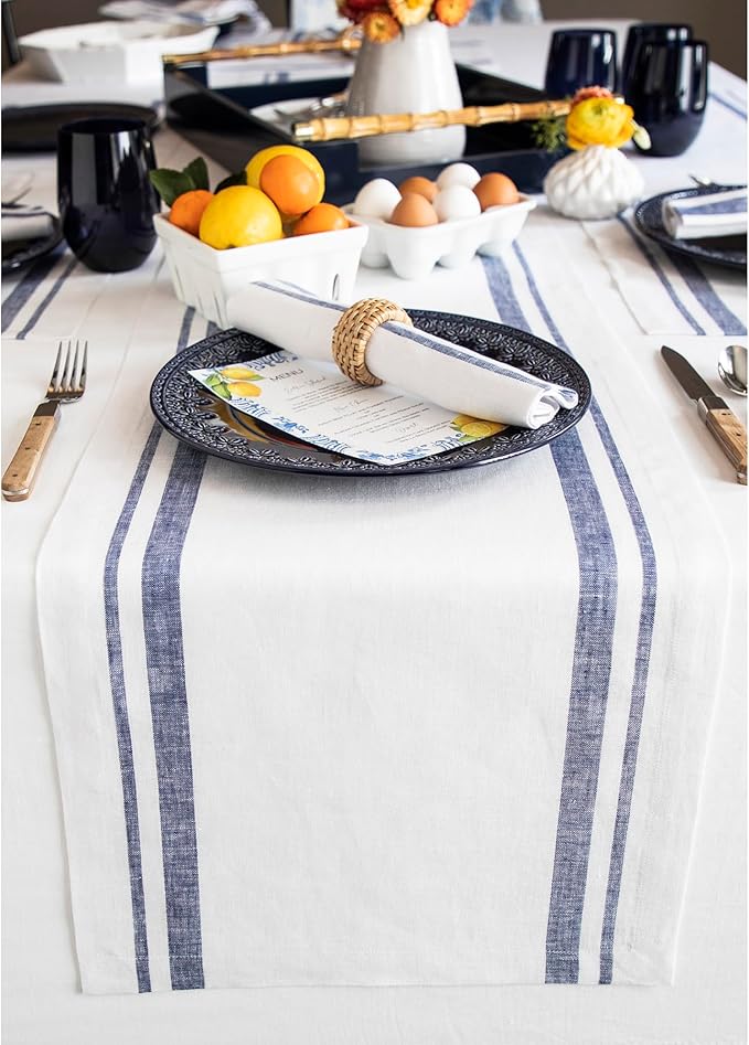 Solino Home Linen Table Runner 156 Inches Long - 100% Pure Linen Navy and White French Stripe Table Runner 14 x 156 Inch for Dining