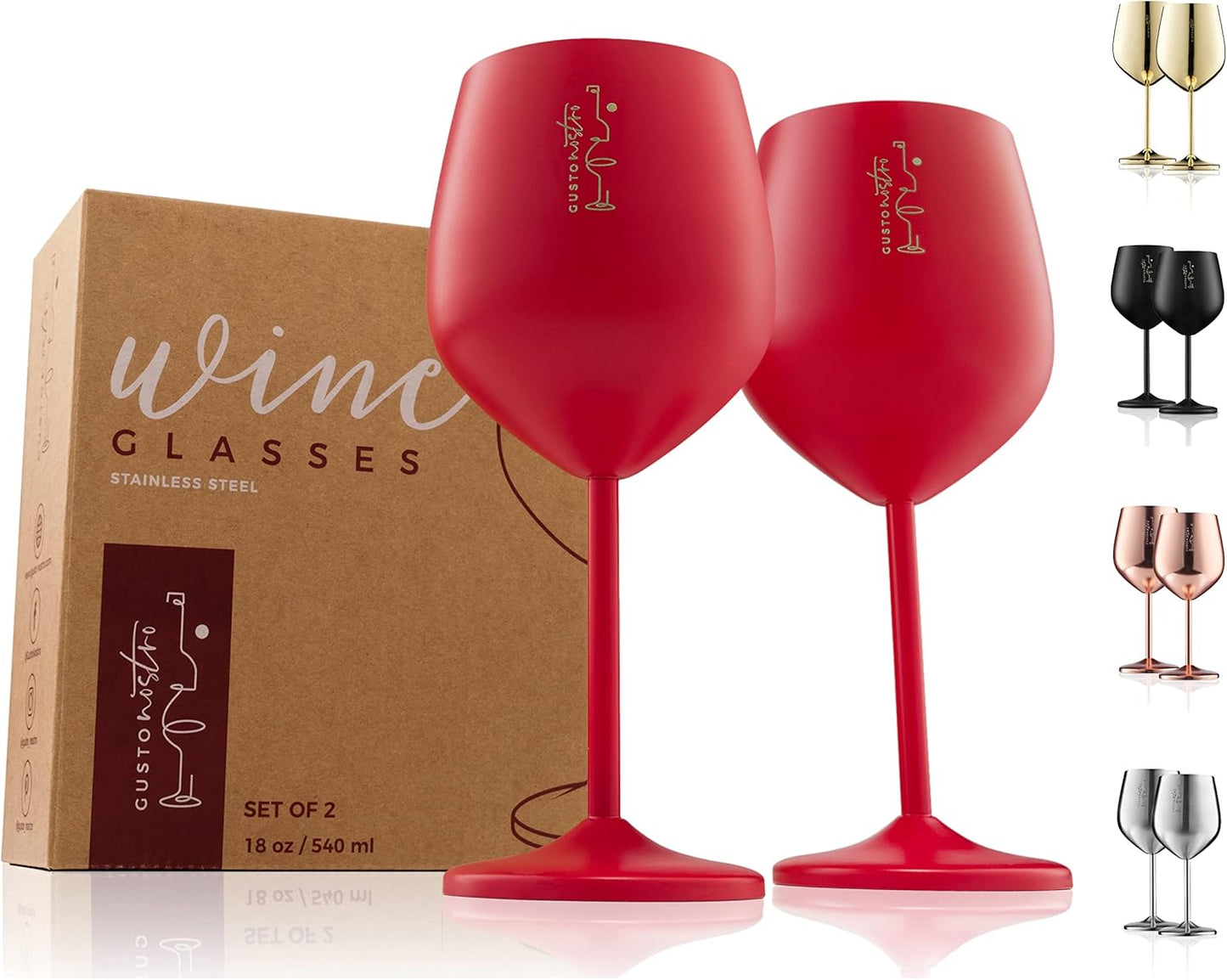 Gusto Nostro Stainless Steel Wine Glass - 18 oz - Unbreakable Colorful Wine Glasses for Travel, Camping and Pool - Fancy, Unique and Cool Portable Metal Wine Glass for Outdoor, Picnics (Set of 2)