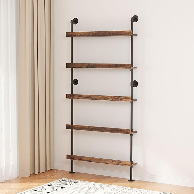 5-Tier Wall Mounted Wine Rack, Industrial Pipe Bar Shelf for Wine Bottle Storage, Industrial Pipe Shelves Shelf Shelving for Home Bar Dining Room Kitchen (31.5" W x 79" H x 8.6" D)