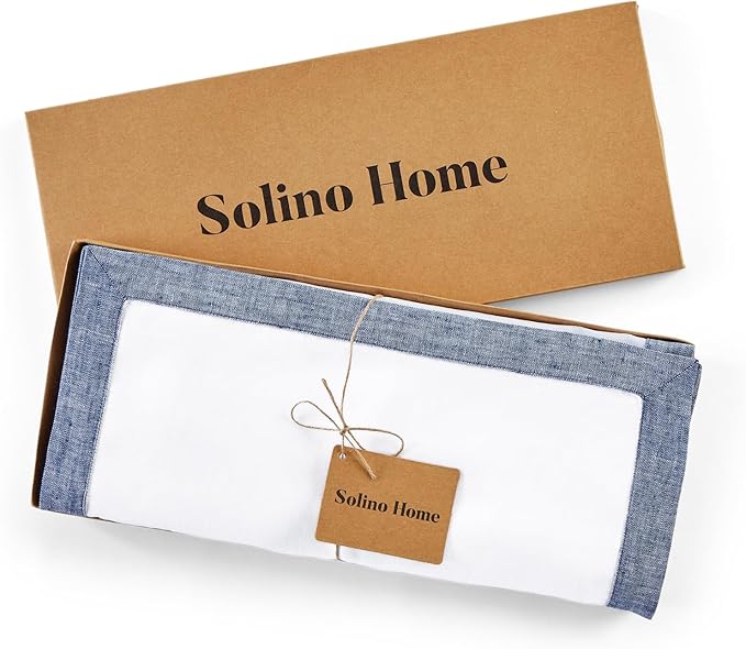 Solino Home Linen Table Runner 60 Inches - 100% Pure Linen Chambray Indigo and White Small Table Runner 14 x 60 Inch Ideal for Dresser and Coffee Tables - Classic