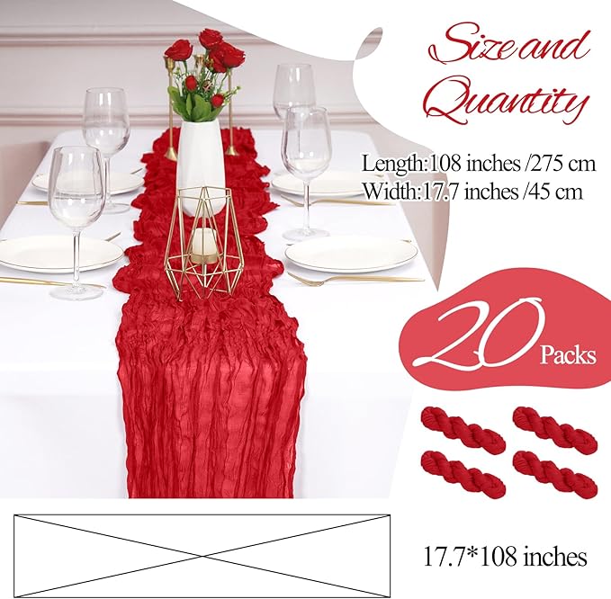 Pesonlook 20 Pack Cheesecloth Table Runner Red, Rustic Boho Gauze Fabric Table Runner Romantic Table Runner for Wedding, Festival, Birthday, Anniversary, Dinner and Outdoor Events (17.7 x 108 inch)