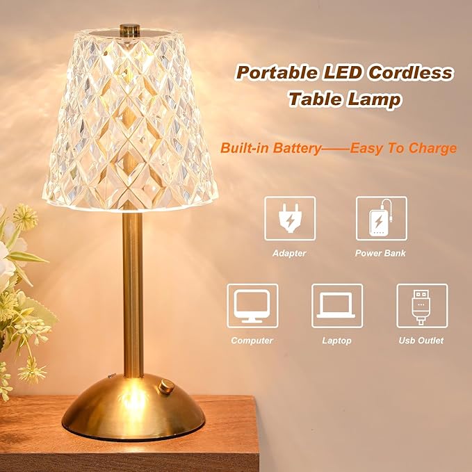Liliful 4 Pcs Cordless Table Lamp Rechargeable Touch LED Small Gold Portable Battery Operated USB-c Desk Lamp 3 Color Dimmable for Bedroom Living Room Dining (Gold,Diamond Style)