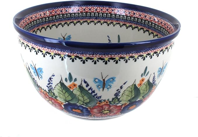 Blue Rose Polish Pottery - Red Floral Butterfly Large Mixing Bowl - 16 Cup Capacity - Polish Pottery Ceramic Bowl for Baking, Mixing & Serving