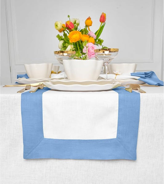 Solino Home Linen Table Runner 48 Inches - 100% Pure Linen Cornflower Blue and White Short Table Runner 14 x 48 Inch Ideal for Dresser and Coffee Tables - Contempo