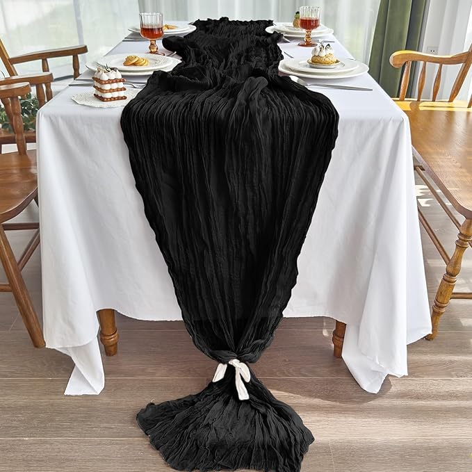 IVAPUPU 2 Pcs Cheesecloth Table Runner - 10ft Black Boho Gauze Black Cheese Cloth Table Runners for Indoor Baby Shower Decoration Wedding Party Summer Garden Fall Thanksgiving Decor