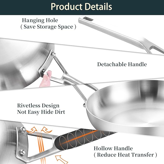 Tri-Ply Stainless Steel Frying Pan Set, 10 Inch and 12Inch, Skillet set, Fast Even Heat, Cooking Pan 10" 12", Induction Ready Egg Pan, Compatible with All Cooktops Up to 600℉