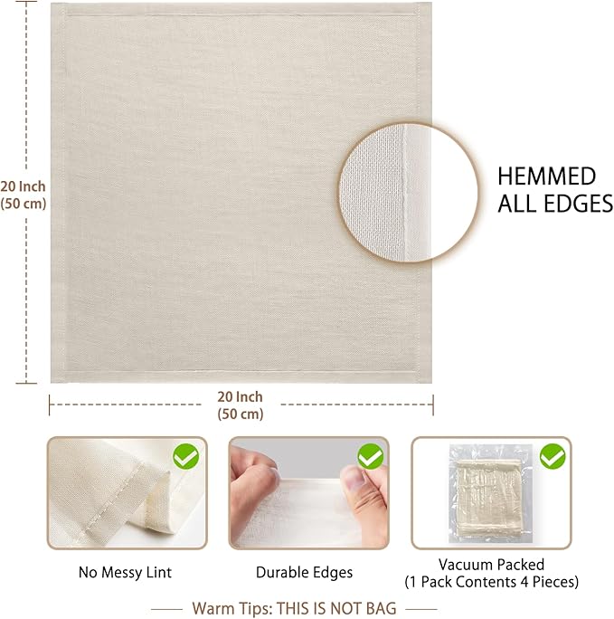 Olicity Cheese Cloths, 4PCS, Grade 100,20x20Inch Hemmed Cheese Cloth Fabric Reusable Fine Mesh Cloth Strainer, 100% Cotton Unbleached Precut Muslin Cheesecloth for Straining, Cooking, Butter,Tea,Tofu