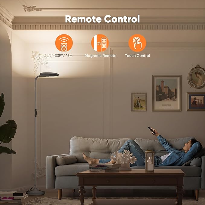 36W LED Floor Lamp, Super Bright Standing Lamp, Modern Stepless Dimmable Torchiere Tall Lamp with Remote Control, 350°Rotating Head Reading Floor Lamp for Living Room, Bedroom, Office - Brown