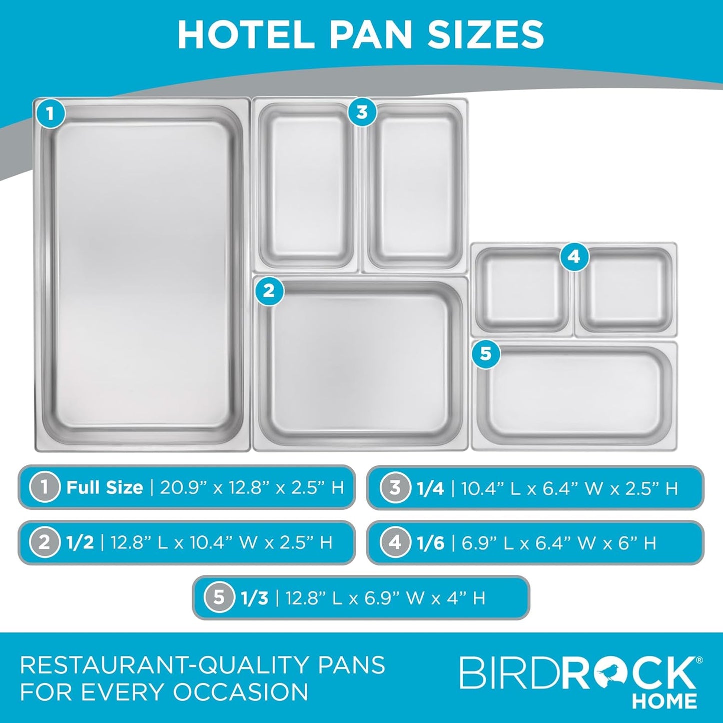 BIRDROCK HOME Stainless Steel Steam Table Pan - Hotel, Restaurant & Catering Supplies - 24 Gauge Steel, 4.3 qt Capacity - Meal Prep, Cooking, & Food Storage Container - 6" Depth, 1/4-Size (6 Pack)